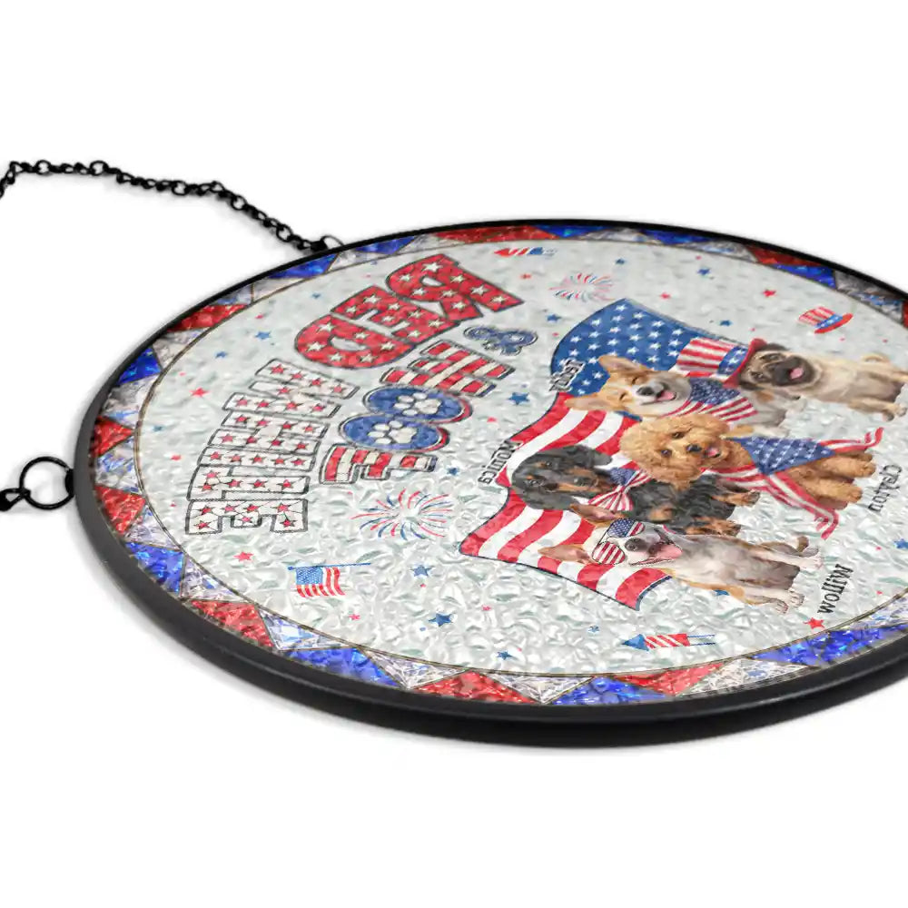 Custom Photo 3D Cartoon With US Accessories Red White Woof - Personalized Stained Glass Window Hanging Suncatcher
