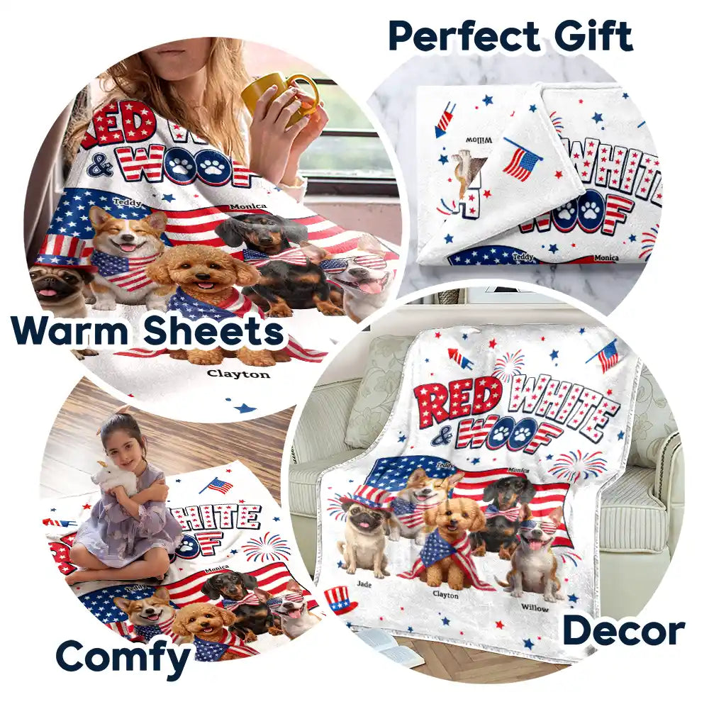 Custom Photo 3D Cartoon With US Accessories Red White Woof - Personalized Fleece Blanket, Sherpa Blanket