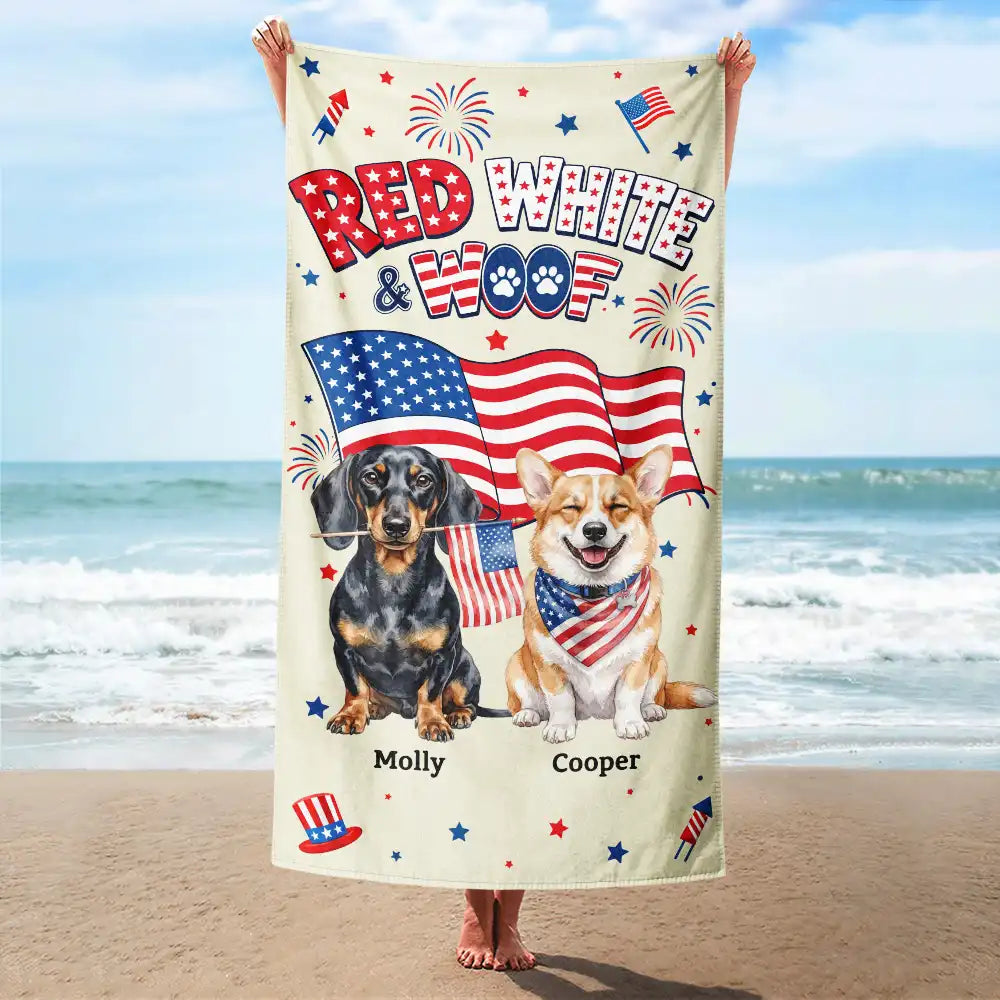 Custom Photo 3D Cartoon With US Accessories Red White Woof - Personalized Beach Towel