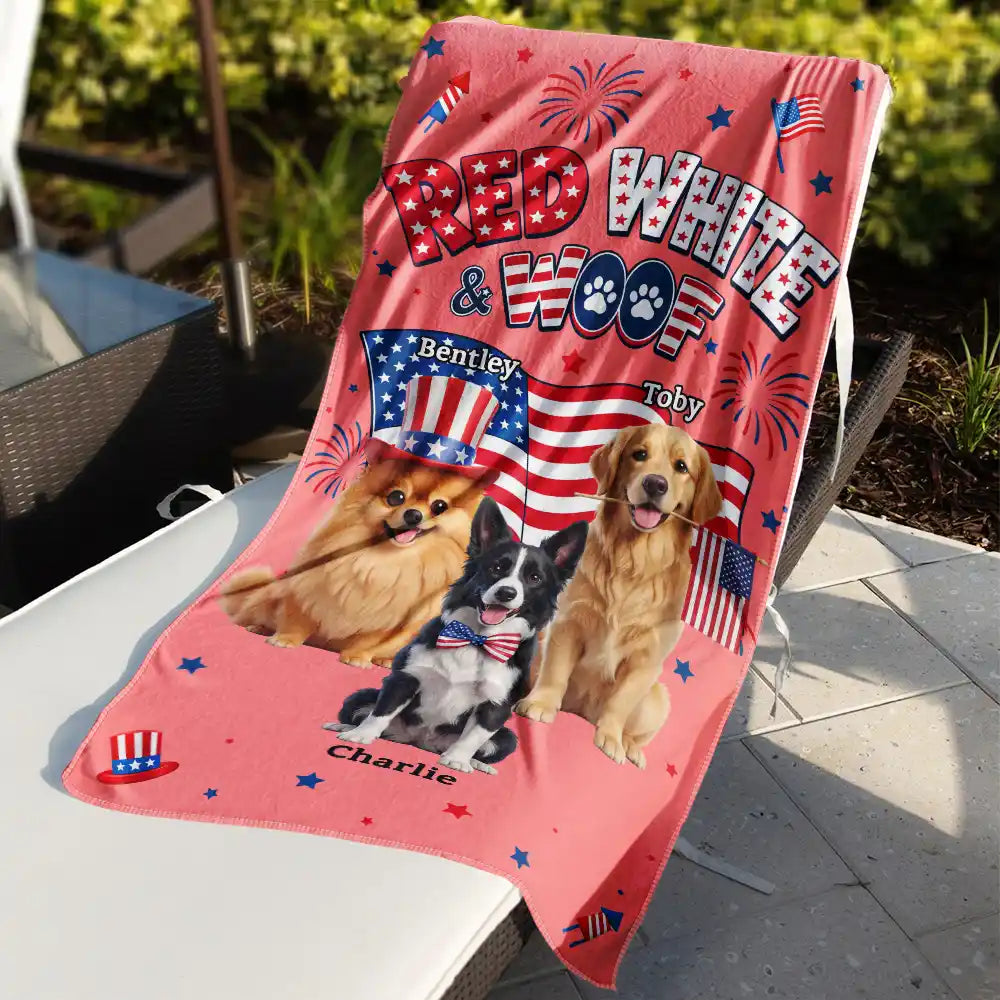 Custom Photo 3D Cartoon With US Accessories Red White Woof - Personalized Beach Towel