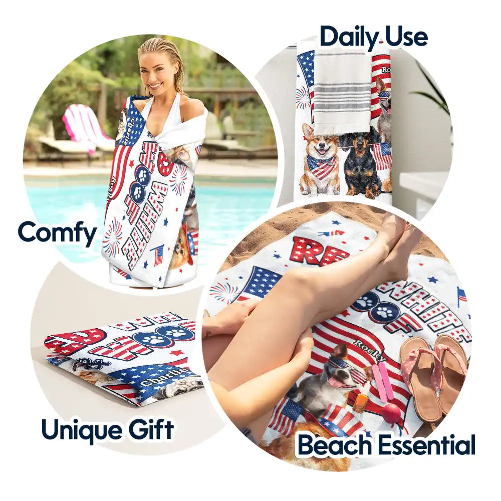 Custom Photo 3D Cartoon With US Accessories Red White Woof - Personalized Beach Towel