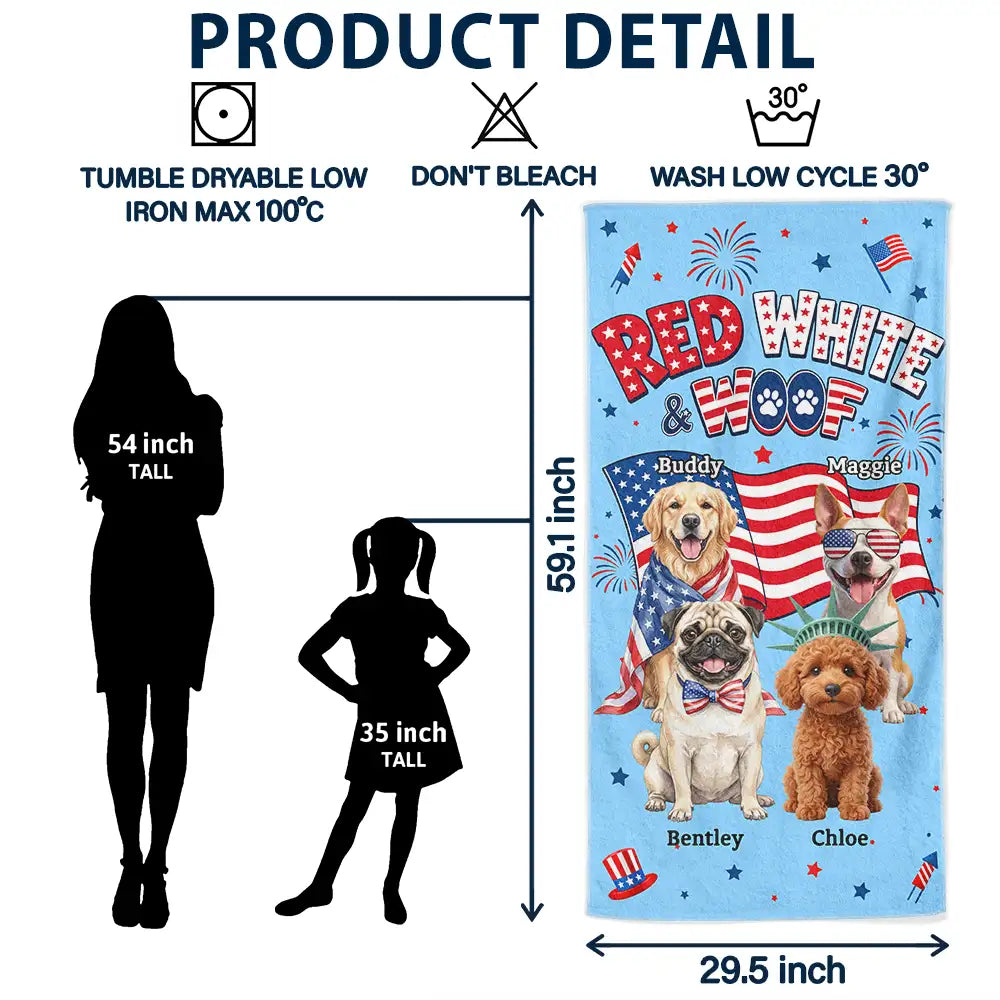 Custom Photo 3D Cartoon With US Accessories Red White Woof - Personalized Beach Towel