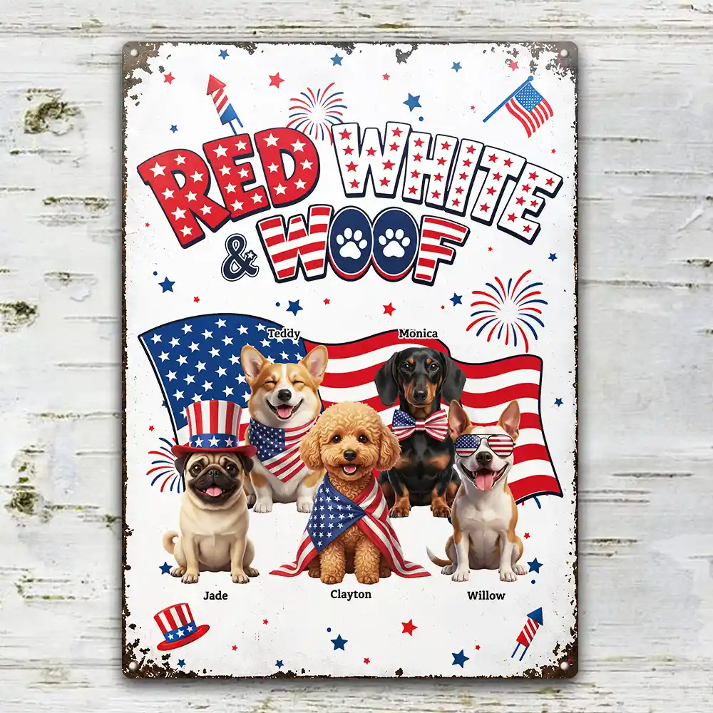 Custom Photo 3D Cartoon With US Accessories Red White Woof - Personalized Classic Metal Signs