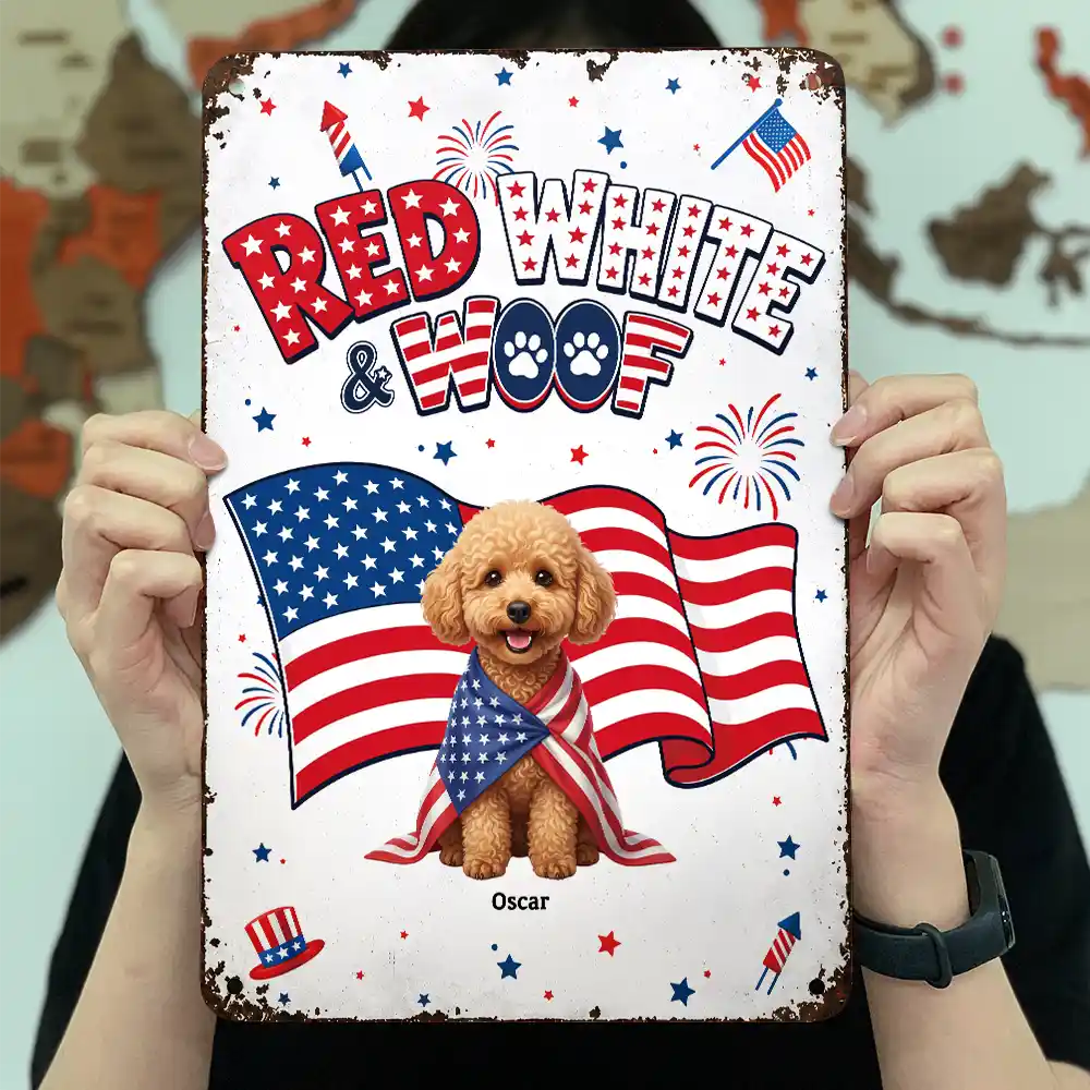 Custom Photo 3D Cartoon With US Accessories Red White Woof - Personalized Classic Metal Signs
