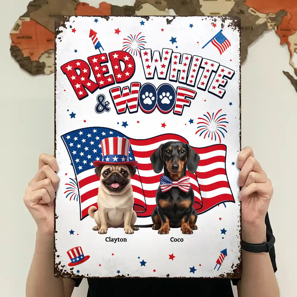 Custom Photo 3D Cartoon With US Accessories Red White Woof - Personalized Classic Metal Signs
