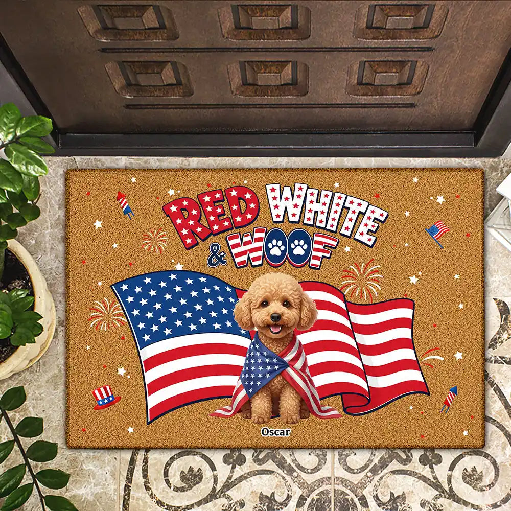 Custom Photo 3D Cartoon With US Accessories Red White Woof - Personalized Doormat