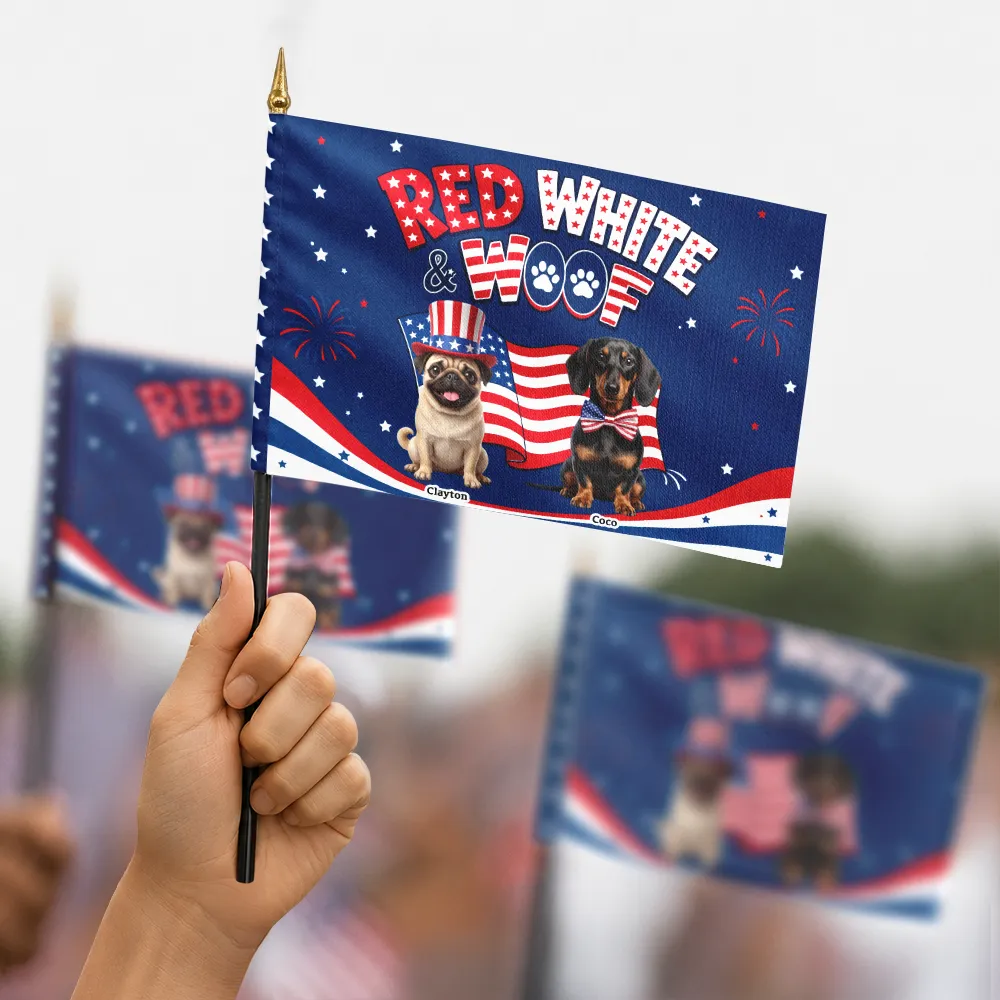 Custom Photo 3D Cartoon With US Accessories Red White Woof - Personalized Handheld Flag