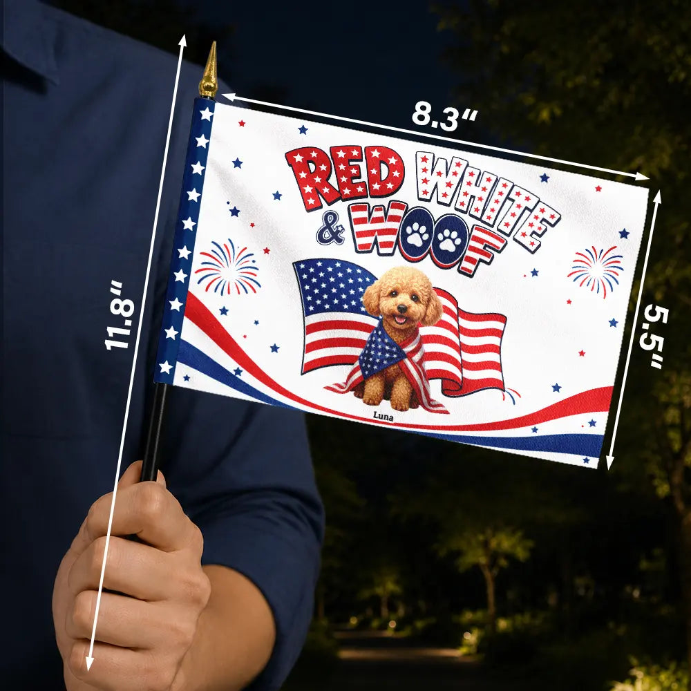 Custom Photo 3D Cartoon With US Accessories Red White Woof - Personalized Handheld Flag