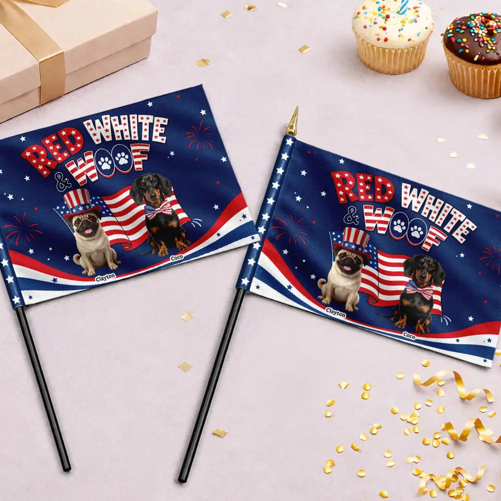 Custom Photo 3D Cartoon With US Accessories Red White Woof - Personalized Handheld Flag