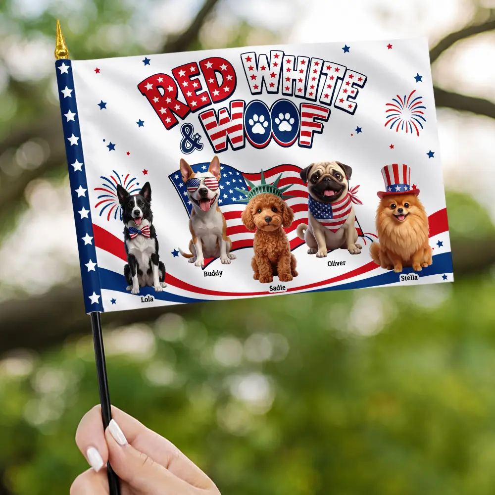 Custom Photo 3D Cartoon With US Accessories Red White Woof - Personalized Handheld Flag