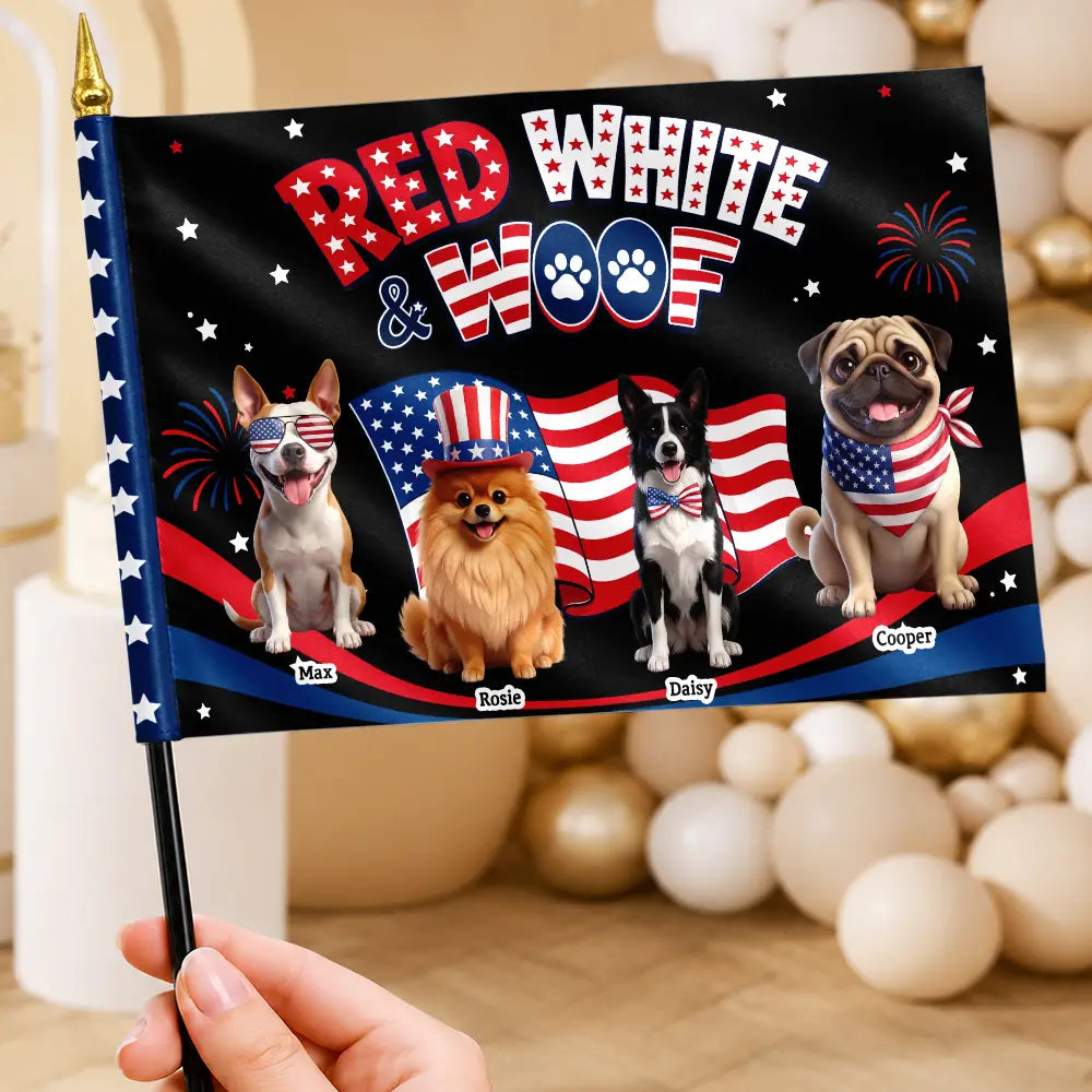 Custom Photo 3D Cartoon With US Accessories Red White Woof - Personalized Handheld Flag
