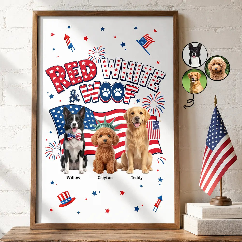 Custom Photo 3D Cartoon With US Accessories Red White Woof - Personalized Poster