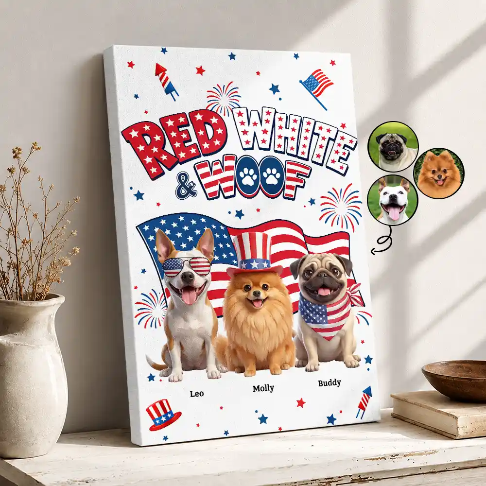 Custom Photo 3D Cartoon With US Accessories Red White Woof - Personalized Poster