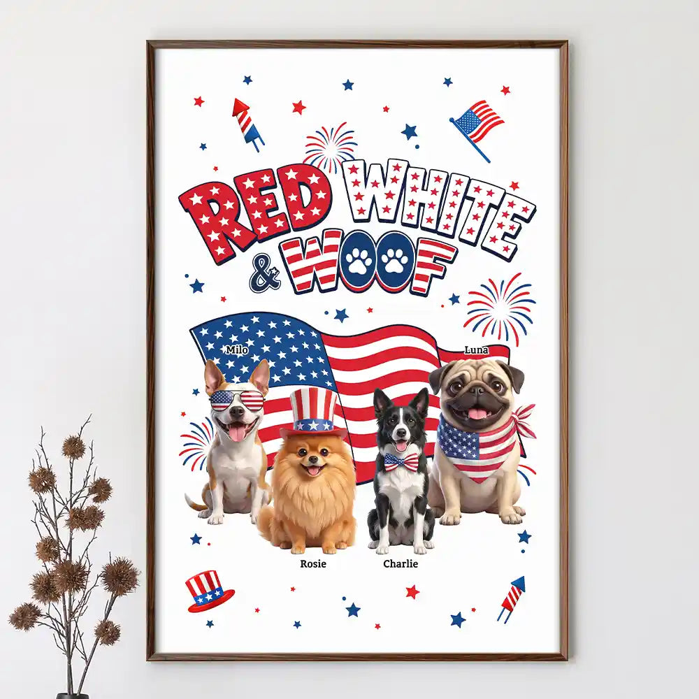 Custom Photo 3D Cartoon With US Accessories Red White Woof - Personalized Poster