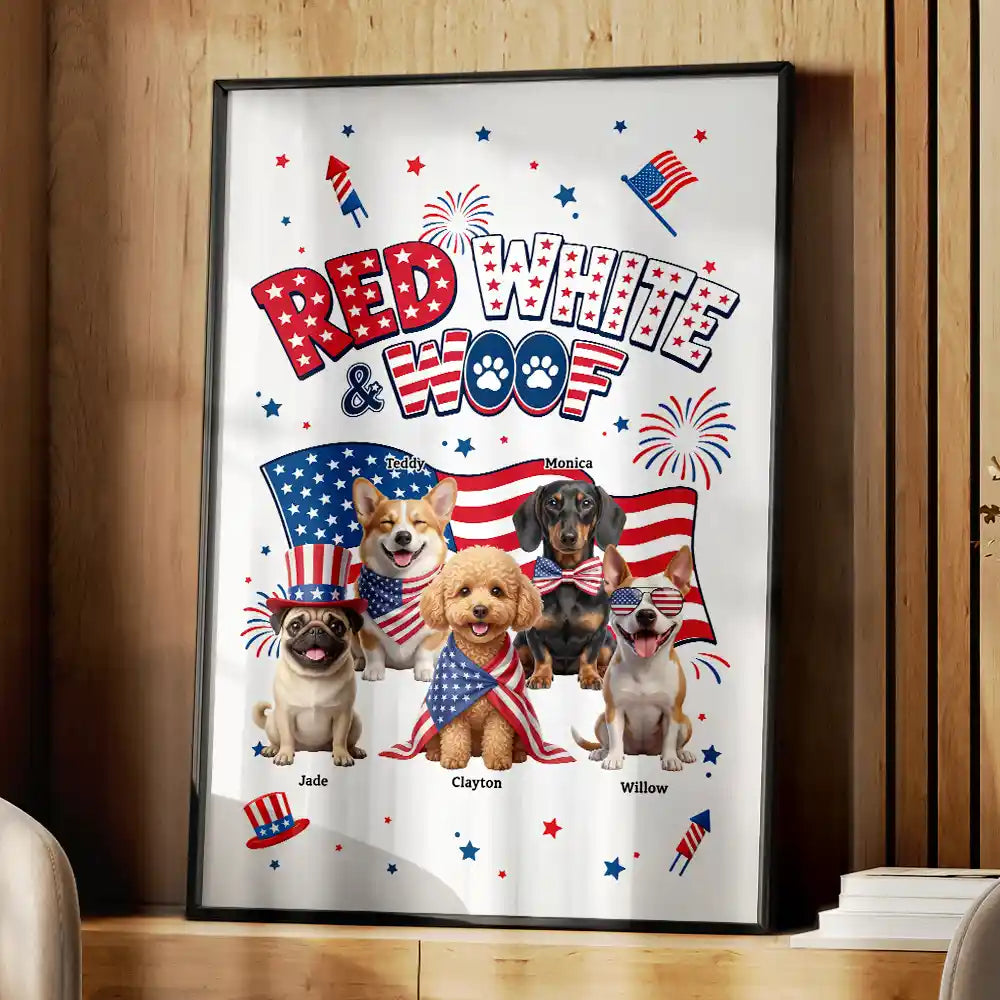 Custom Photo 3D Cartoon With US Accessories Red White Woof - Personalized Poster