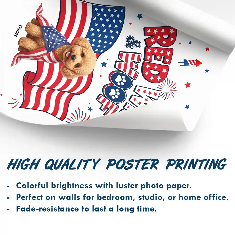 Custom Photo 3D Cartoon With US Accessories Red White Woof - Personalized Poster