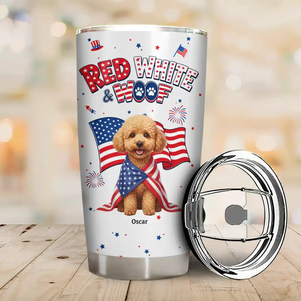 Custom Photo 3D Cartoon With US Accessories Red White Woof - Personalized Tumbler