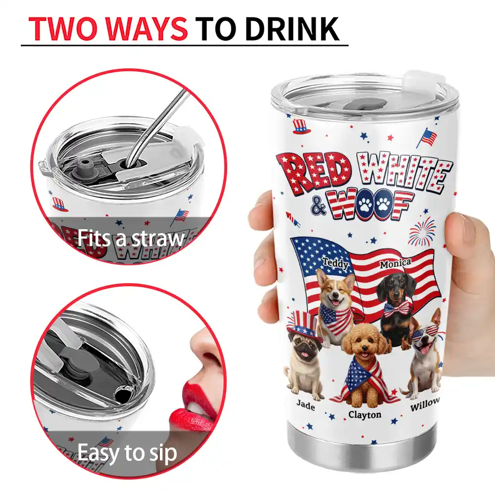 Custom Photo 3D Cartoon With US Accessories Red White Woof - Personalized Tumbler