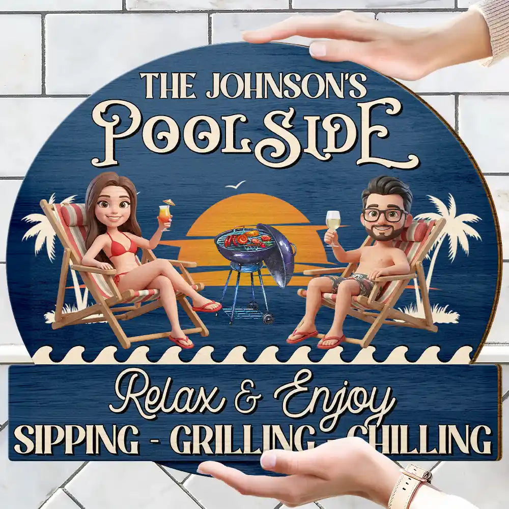 Custom Photo 3D Summer Concept Couple Poolside Paradise Relax Enjoy - Personalized Custom Shaped Wood Sign