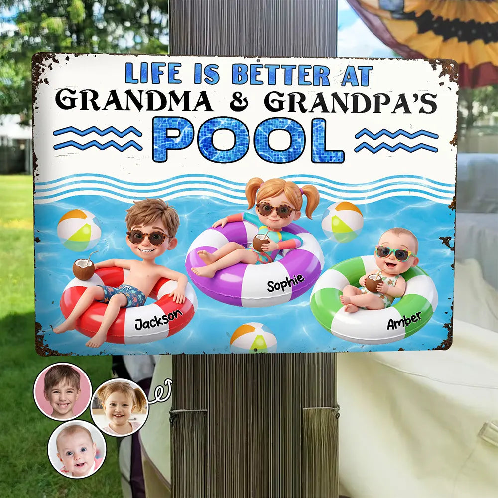 Custom Photo 3D Summer Concept Life Is Better At Grandma & Grandpa Pool - Personalized Classic Metal Signs