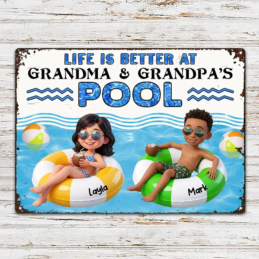 Custom Photo 3D Summer Concept Life Is Better At Grandma & Grandpa Pool - Personalized Classic Metal Signs