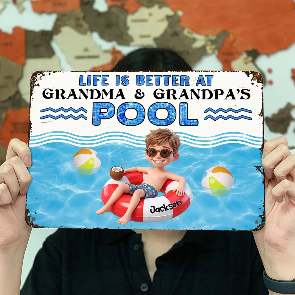 Custom Photo 3D Summer Concept Life Is Better At Grandma & Grandpa Pool - Personalized Classic Metal Signs