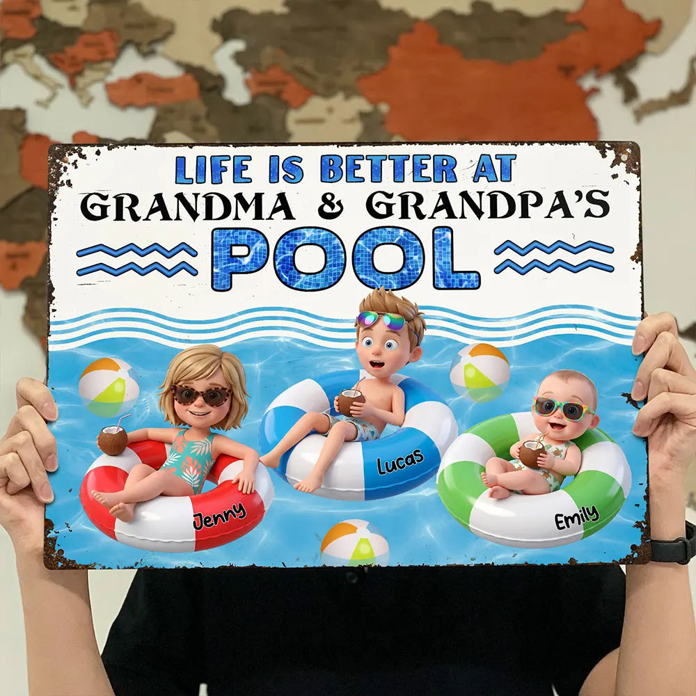 Custom Photo 3D Summer Concept Life Is Better At Grandma & Grandpa Pool - Personalized Classic Metal Signs