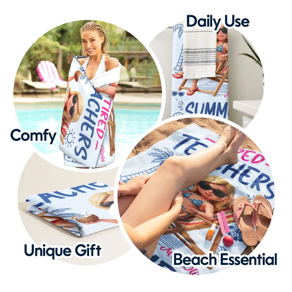 Custom Photo 3D Summer Concept Tired Teacher Summer Club - Personalized Beach Towel