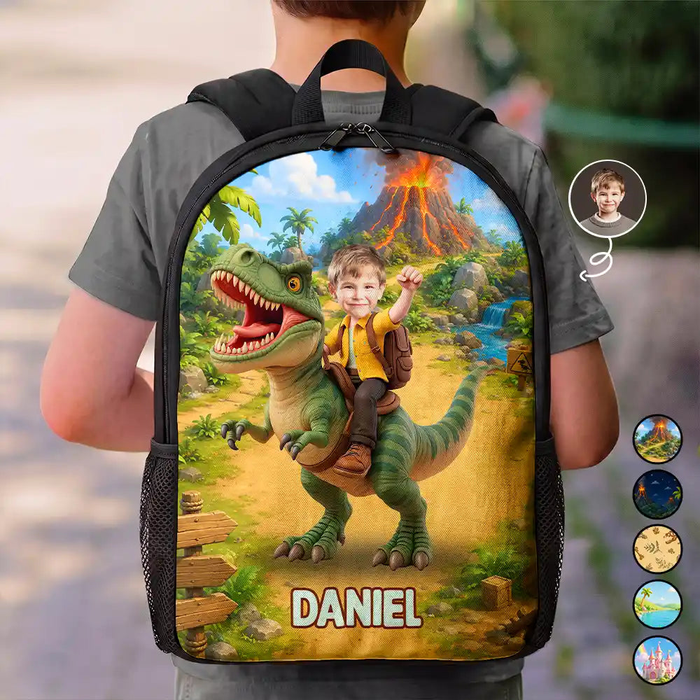 Custom Photo Adorable Kid Riding Dinosaur Flamingo Unicorn - Personalized Kids Backpack