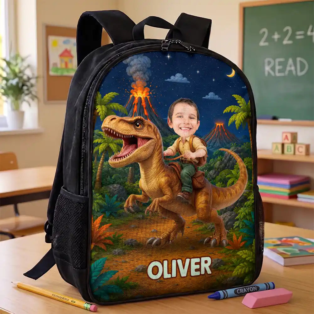 Custom Photo Adorable Kid Riding Dinosaur Flamingo Unicorn - Personalized Kids Backpack