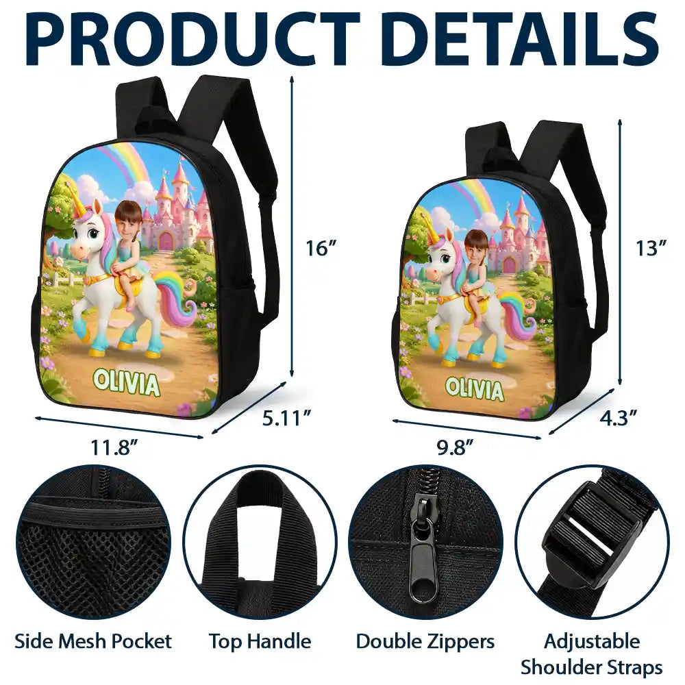 Custom Photo Adorable Kid Riding Dinosaur Flamingo Unicorn - Personalized Kids Backpack