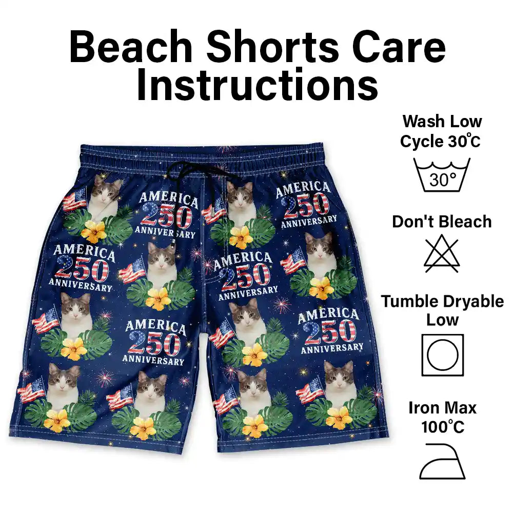 Custom Photo America 250 Anniversary Dog Cat Pet - Personalized Unisex Beach Shorts