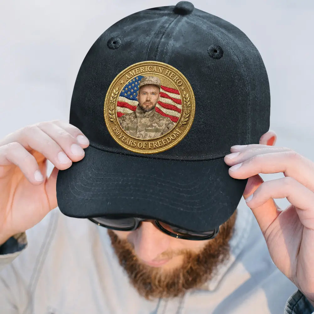 Custom Photo American Hero 250 Years Of Freedom - Personalized Vintage Washed Denim Cap