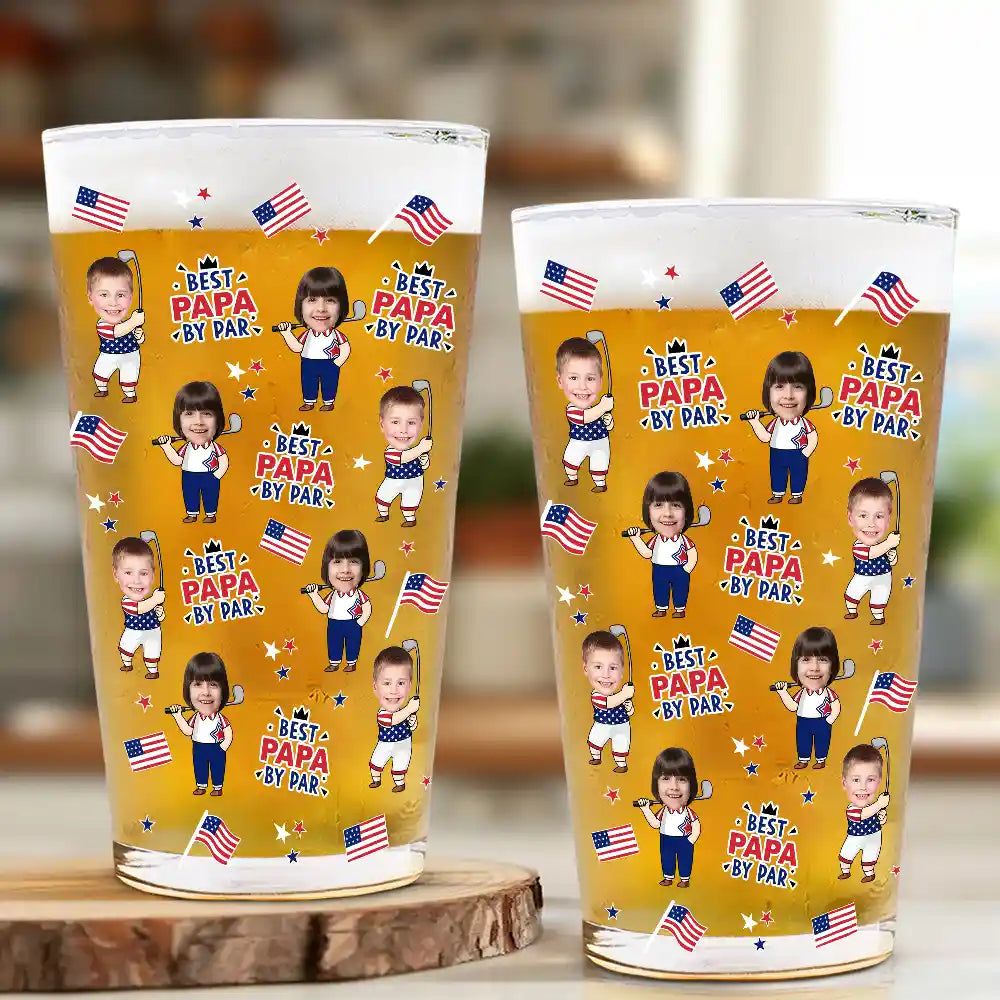 Custom Photo Best Dad By Par Funny Kid US Flag - Personalized Beer Glass