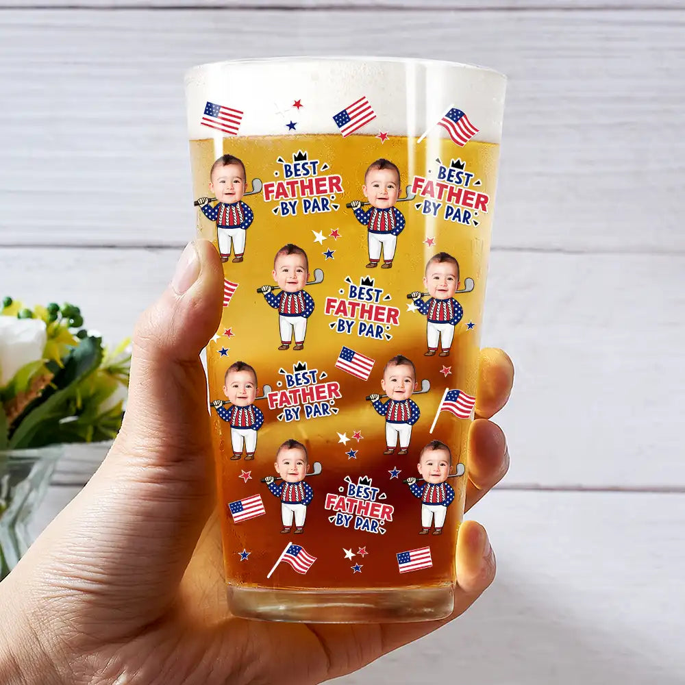Custom Photo Best Dad By Par Funny Kid US Flag - Personalized Beer Glass