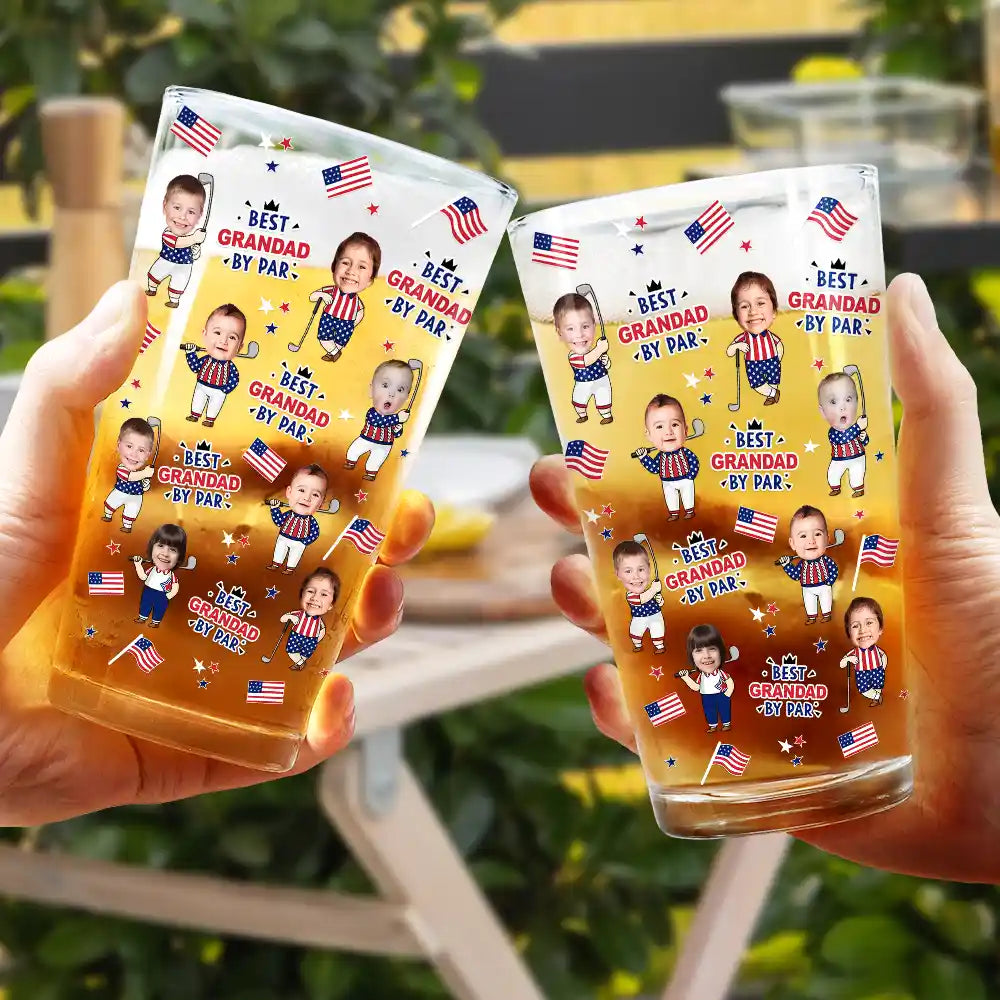 Custom Photo Best Dad By Par Funny Kid US Flag - Personalized Beer Glass