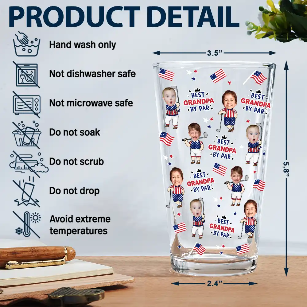 Custom Photo Best Dad By Par Funny Kid US Flag - Personalized Beer Glass