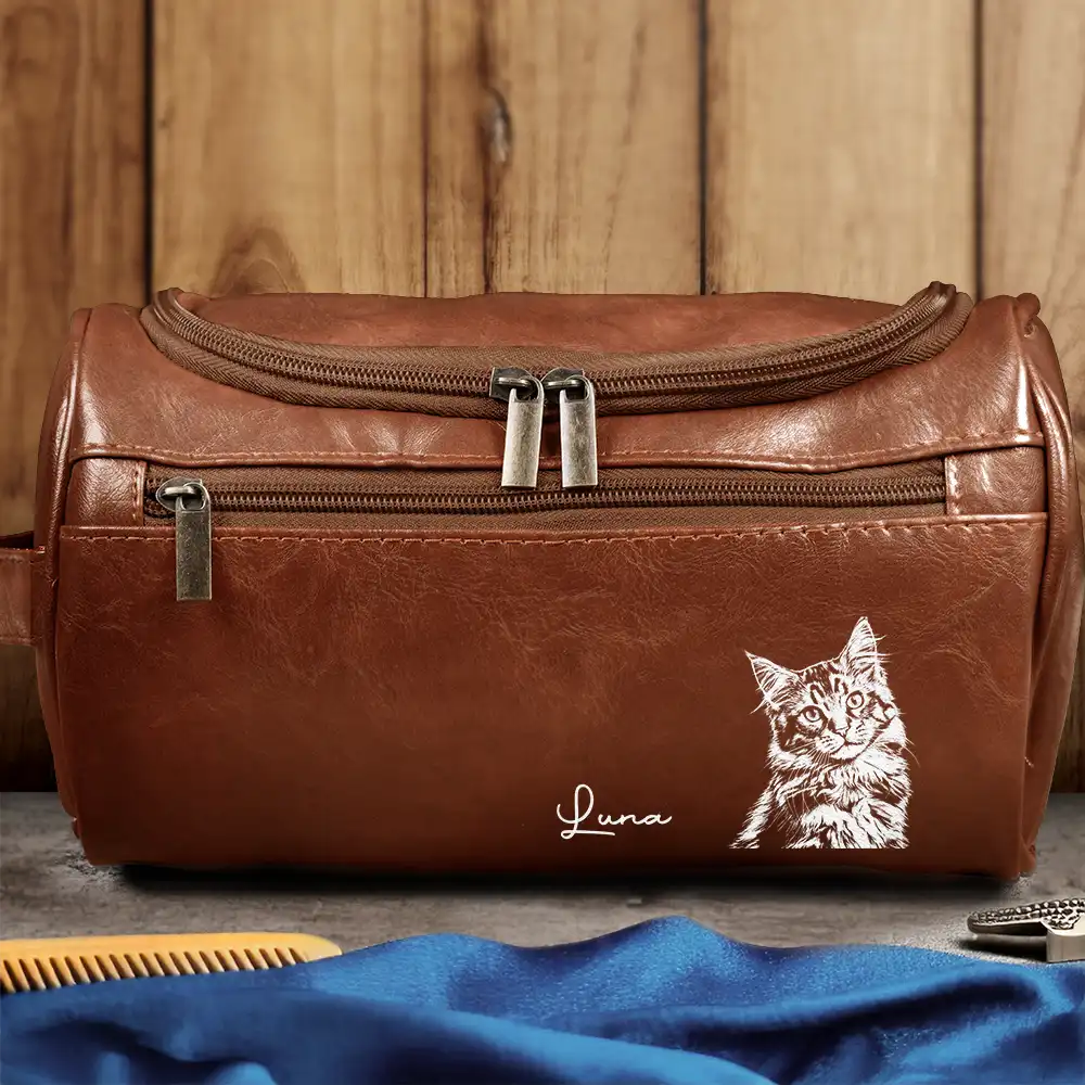 Custom Photo Bold Sketch Besties Family Pet Funny Portrait - Personalized Leather Toiletry Bag