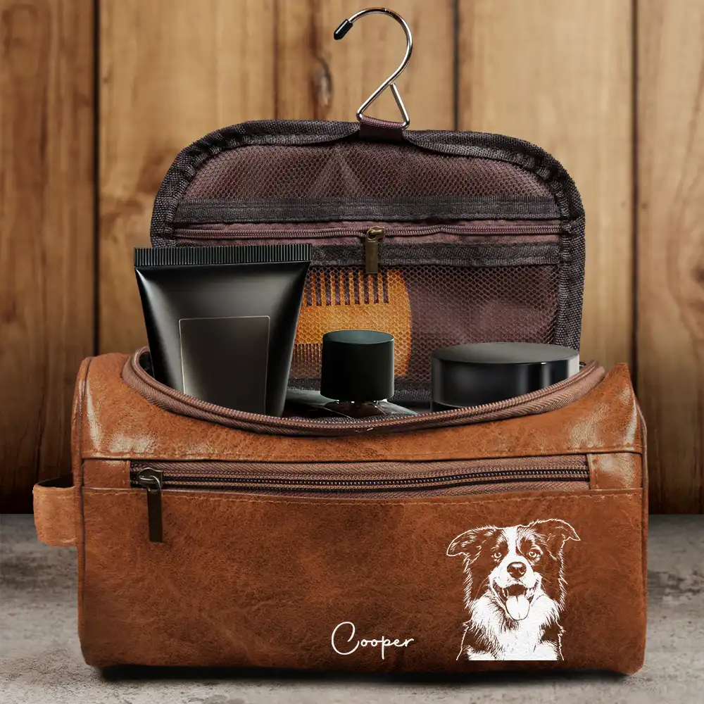 Custom Photo Bold Sketch Besties Family Pet Funny Portrait - Personalized Leather Toiletry Bag