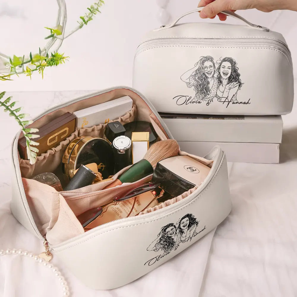 Custom Photo Bold Sketch Besties Pet Funny Portrait - Personalized Leather Makeup Bag