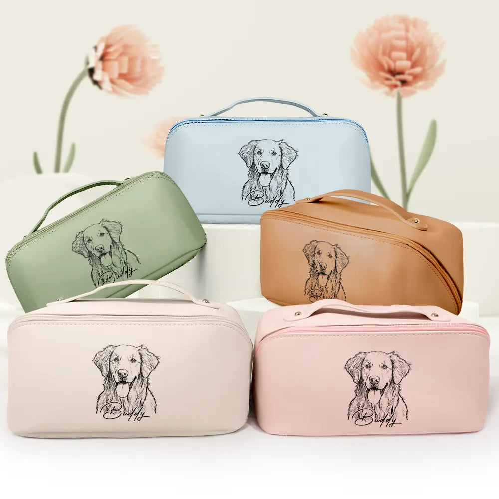 Custom Photo Bold Sketch Besties Pet Funny Portrait - Personalized Leather Makeup Bag