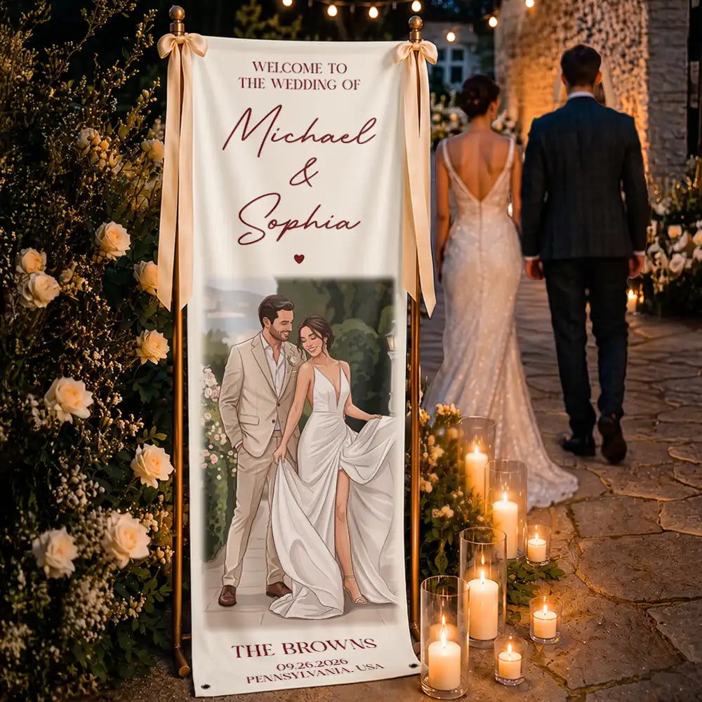 Custom Photo Bold Sketch Couples Wedding Engaged Bachelor Party - Personalized Vertical Banner