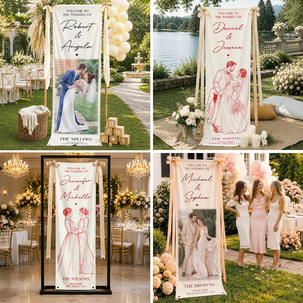 Custom Photo Bold Sketch Couples Wedding Engaged Bachelor Party - Personalized Vertical Banner