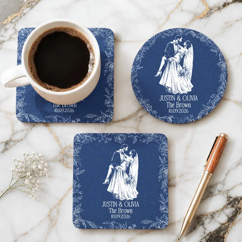 Custom Photo Bold Sketch Couples Wedding Engaged Bachelor Party - Personalized Cork Coaster