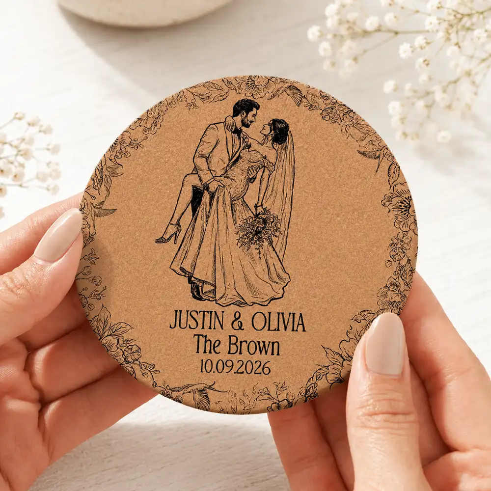 Custom Photo Bold Sketch Couples Wedding Engaged Bachelor Party - Personalized Cork Coaster
