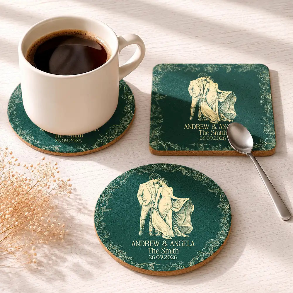 Custom Photo Bold Sketch Couples Wedding Engaged Bachelor Party - Personalized Cork Coaster