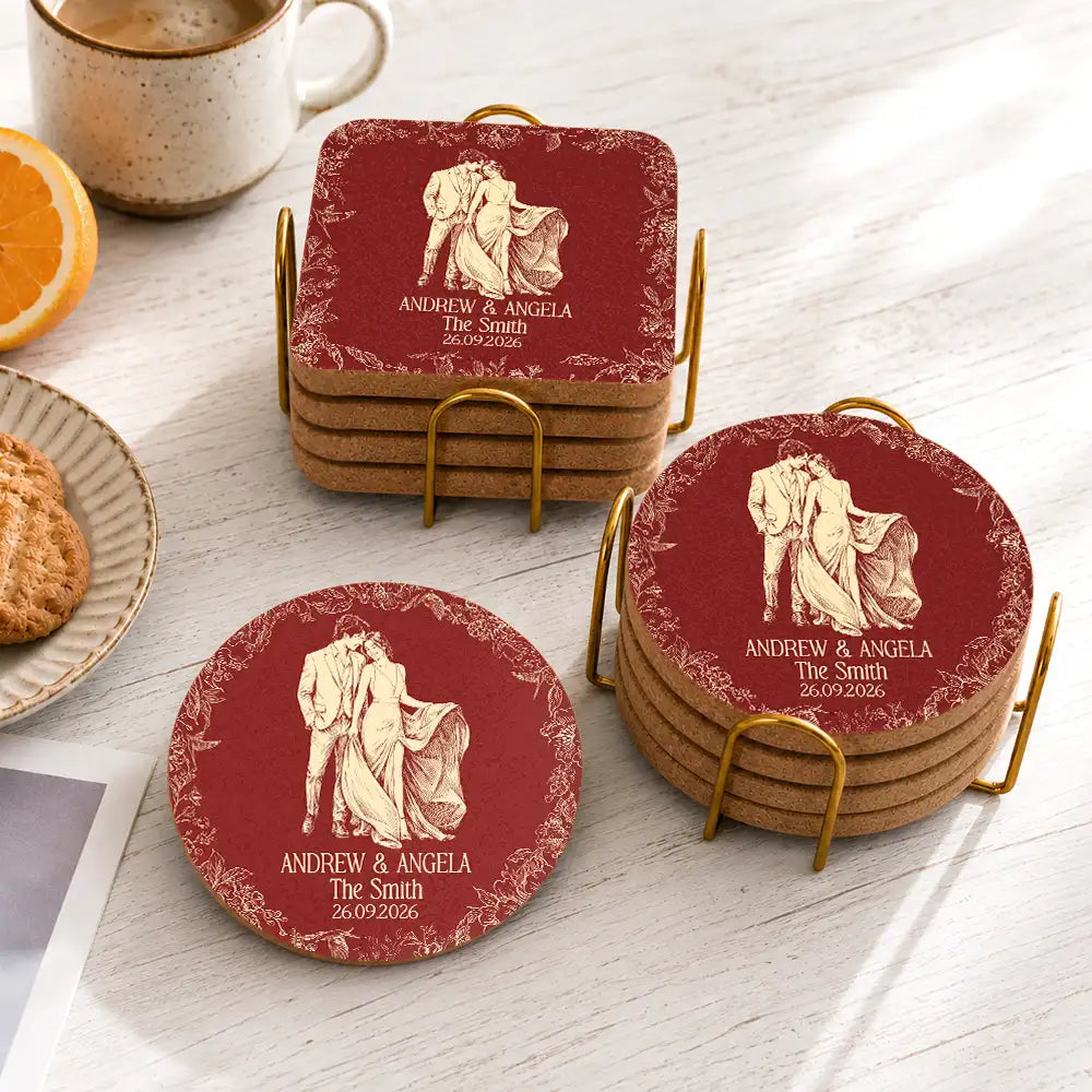 Custom Photo Bold Sketch Couples Wedding Engaged Bachelor Party - Personalized Cork Coaster