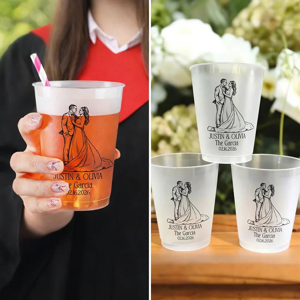 Custom Photo Bold Sketch Couples Wedding Engaged Bachelor Party - Personalized Frosted Cups