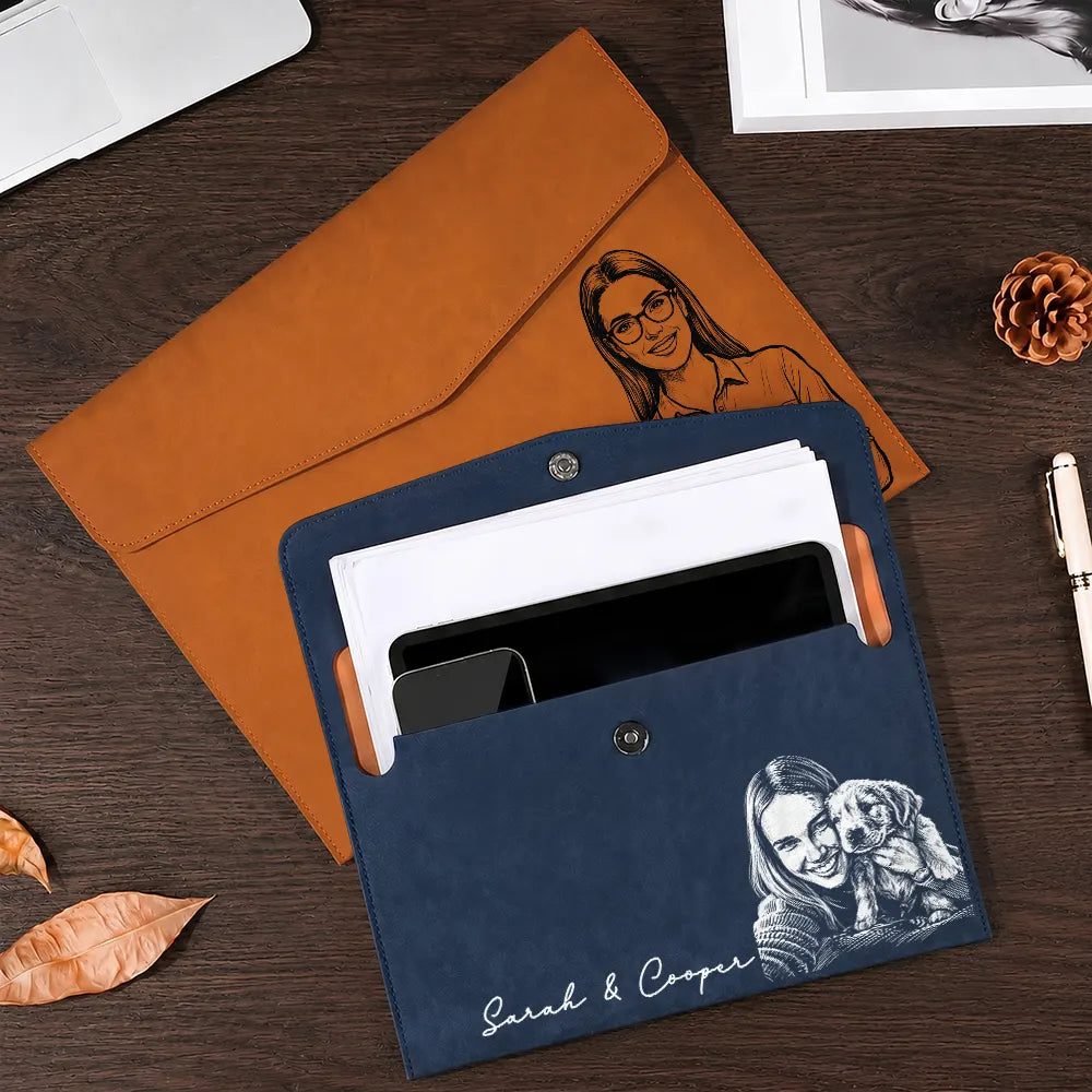 Custom Photo Bold Sketch Family Besties Couples Pet Portraits - Personalized Leather Sleeve