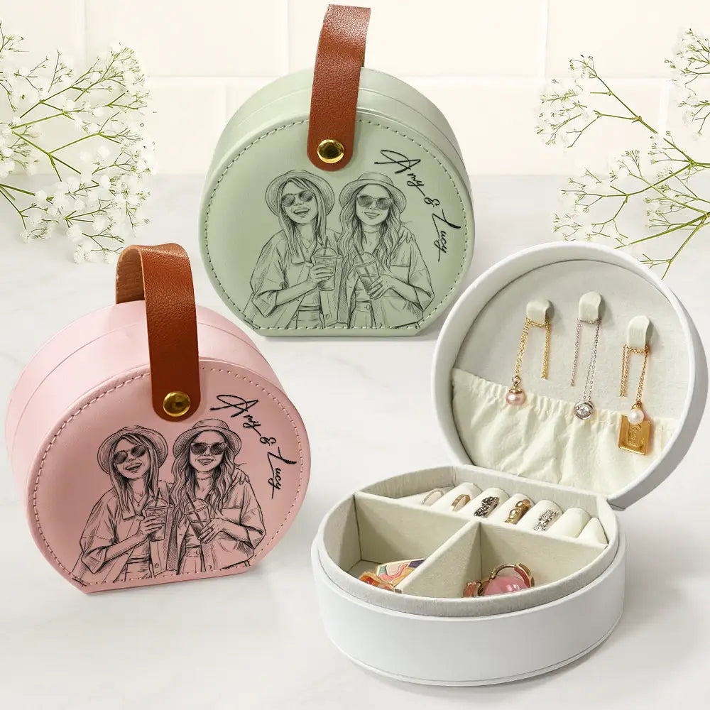 Custom Photo Bold Sketch Woman Besties Dog Cat Portrait - Personalized Jewelry Box With Handle